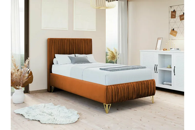 Gortin Komplett Sängpaket – Ramsäng 90x200 cm i Sammet med Sänggavel + Bäddmadrass - Orange - Möbler - Säng - Komplett sängpaket