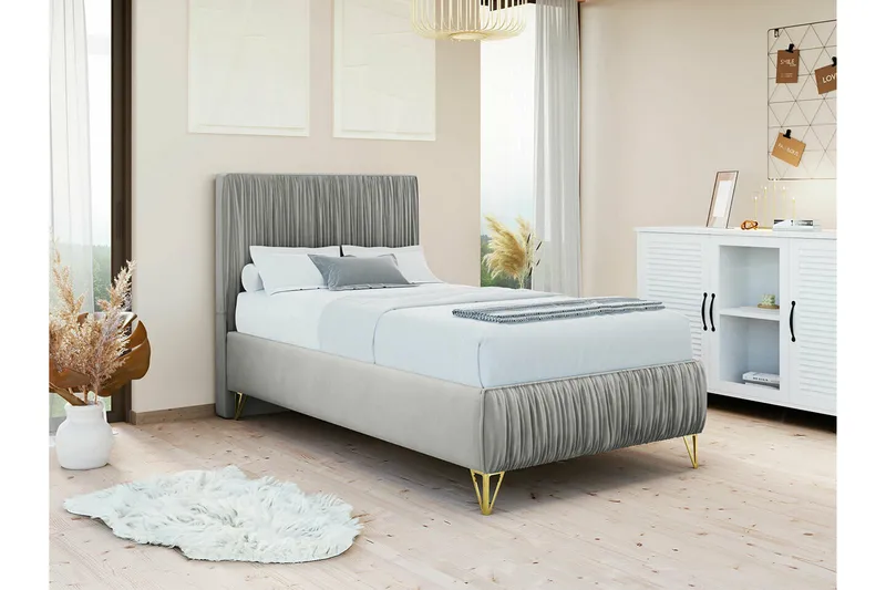 Gortin Ramsäng 90x200 cm i Sammet med Sänggavel - Grå - Möbler - Säng - Komplett sängpaket
