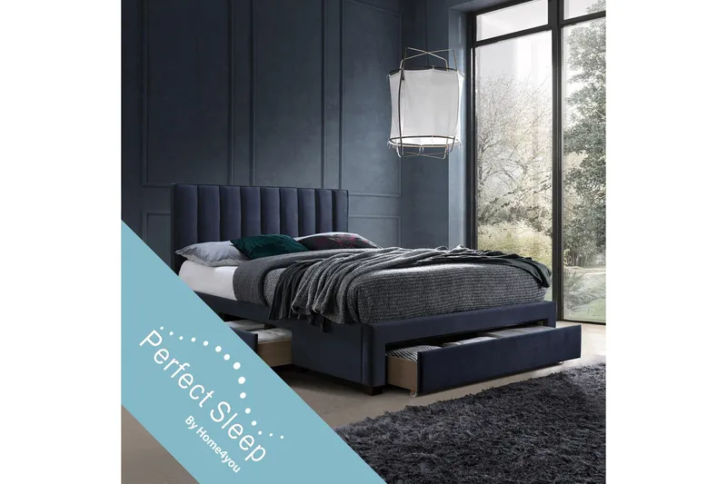 Grace Komplett Sängpaket med Förvaring 160x200 cm i Sammet med Sänggavel + Bäddmadrass - Blå - Möbler - Säng - Komplett sängpaket