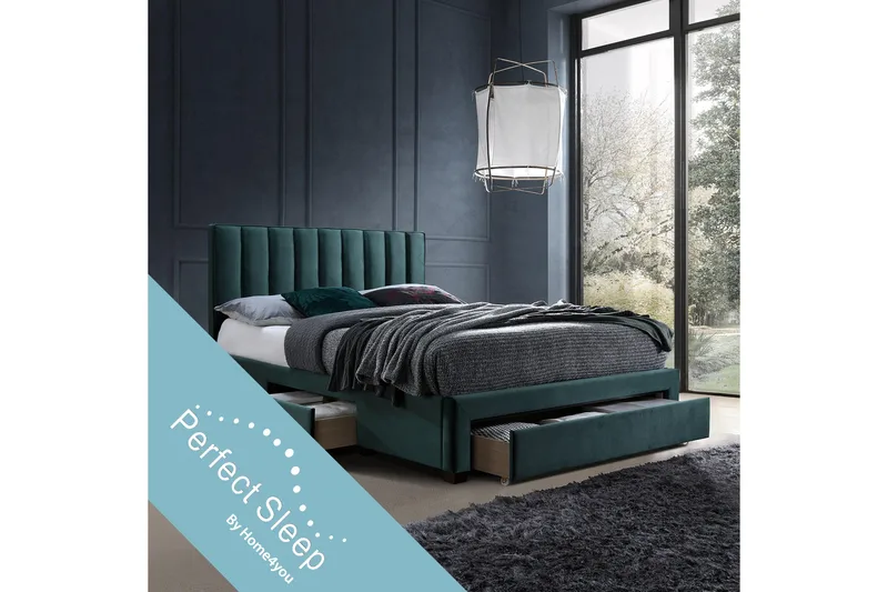 Grace Komplett Sängpaket med Förvaring 160x200 cm i Sammet med Sänggavel + Bäddmadrass - Grön - Möbler - Säng - Komplett sängpaket