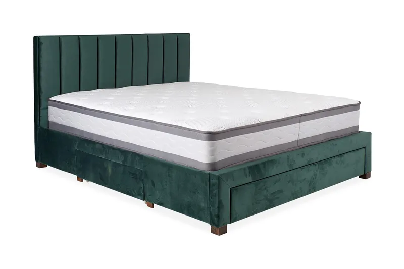 Grace Komplett Sängpaket med Förvaring 160x200 cm i Sammet med Sänggavel + Bäddmadrass, Grön