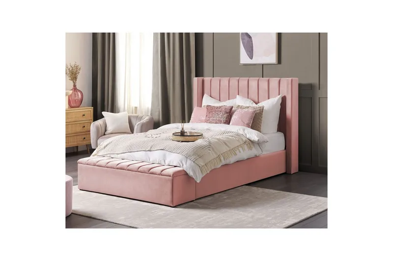 Säng med förvaringsbänk Noyers - Rosa, 140x200 cm - Möbler - Säng - Sängram & sängstomme