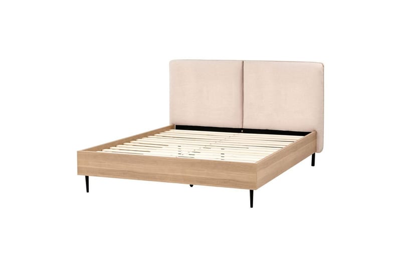 Säng med lamellram Limanton, Beige, ljust trä, svart/Bouclé, 140x200 cm