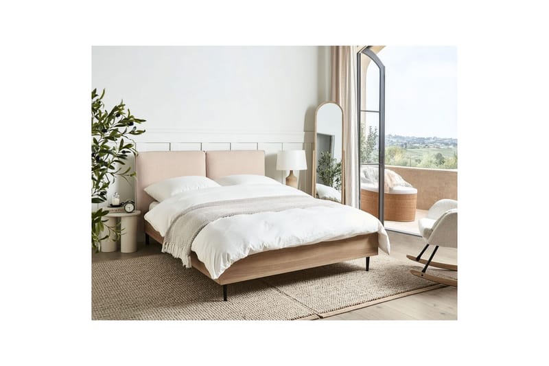 Säng med lamellram Limanton - Beige, ljust trä, svart/Bouclé, 140x200 cm - Möbler - Säng - Sängram & sängstomme
