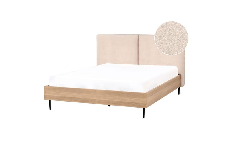 Säng med lamellram Limanton - Beige, ljust trä, svart/Bouclé, 140x200 cm - Möbler - Säng - Sängram & sängstomme