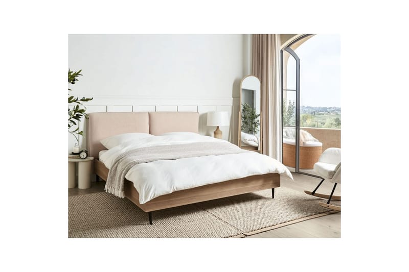 Säng med lamellram Limanton - Beige, ljust trä, svart/Bouclé, 160x200 cm - Möbler - Säng - Sängram & sängstomme