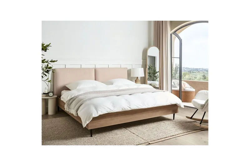 Säng med lamellram Limanton - Beige, ljust trä, svart/Bouclé, 180x200 cm - Möbler - Säng - Sängram & sängstomme