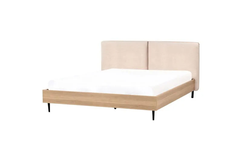 Säng med lamellram Limanton - Beige, ljust trä, svart/Bouclé, 180x200 cm - Möbler - Säng - Sängram & sängstomme