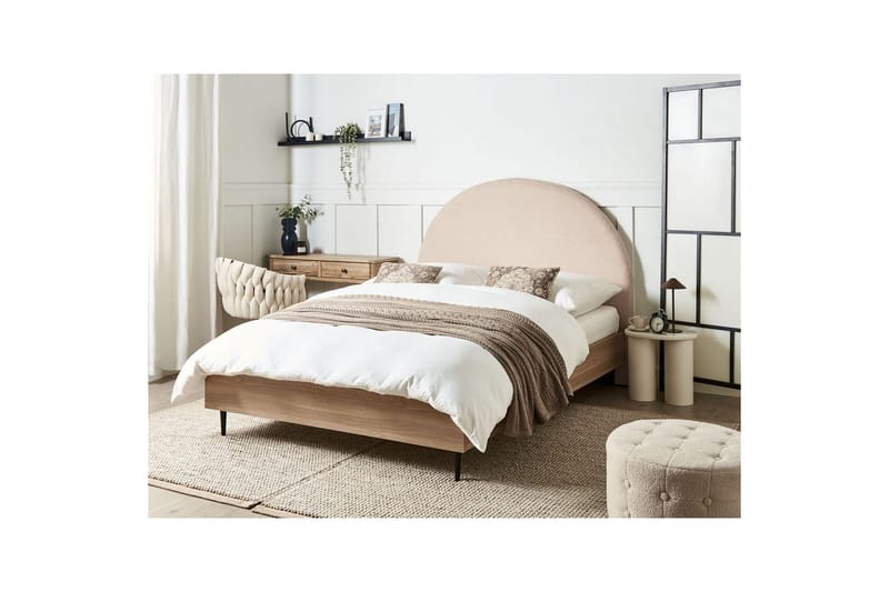 Säng med lamellram Millay - Beige, ljust trä, svart/Bouclé, 140x200 cm - Möbler - Säng - Sängram & sängstomme