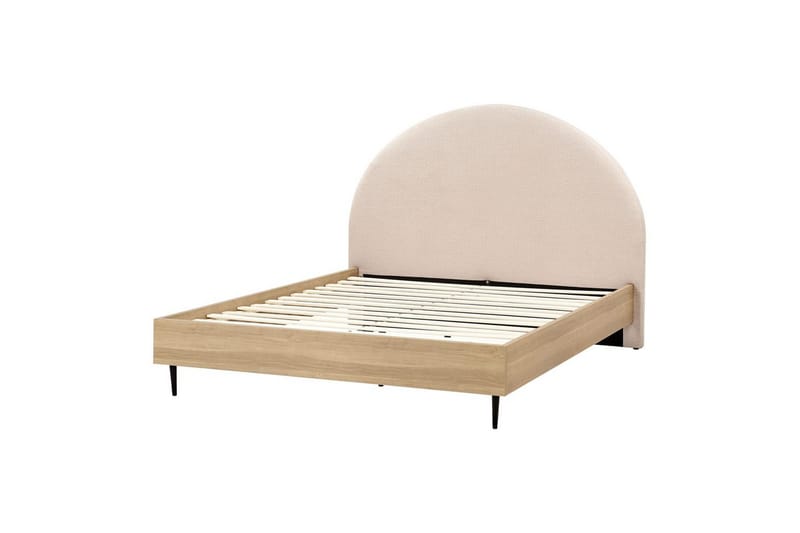 Säng med lamellram Millay, Beige, ljust trä, svart/Bouclé, 140x200 cm