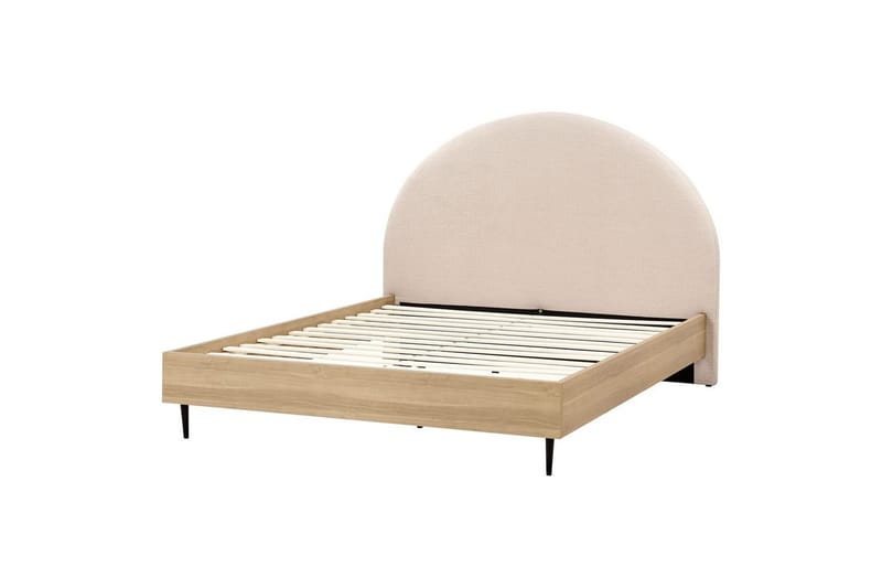 Säng med lamellram Millay, Beige, ljust trä, svart/Bouclé, 160x200 cm