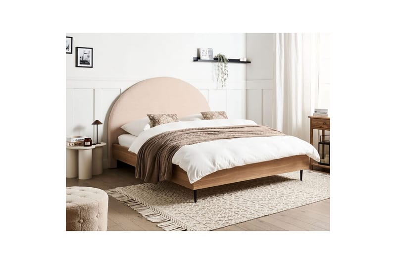 Säng med lamellram Millay - Beige, ljust trä, svart/Bouclé, 160x200 cm - Möbler - Säng - Sängram & sängstomme