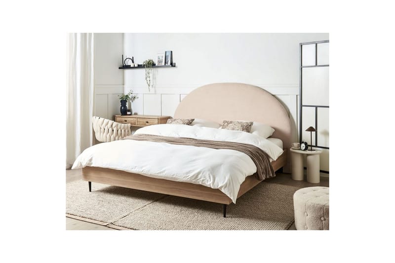 Säng med lamellram Millay - Beige, ljust trä, svart/Bouclé, 180x200 cm - Möbler - Säng - Sängram & sängstomme