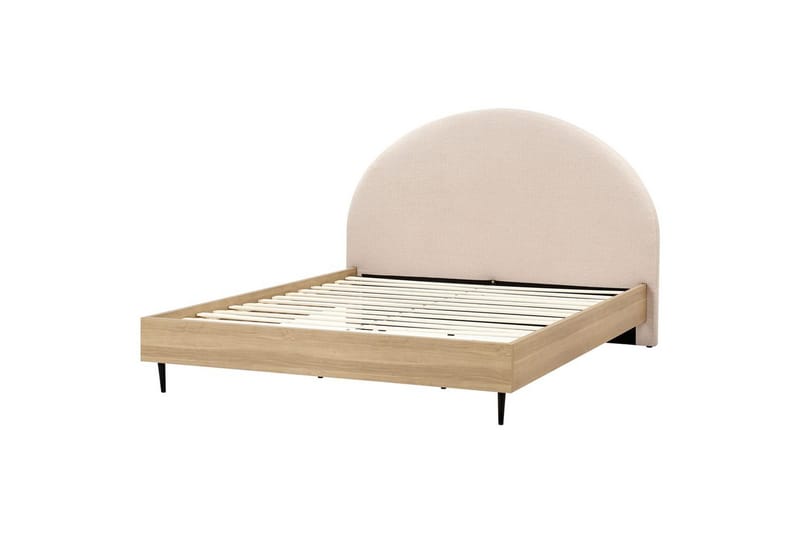 Säng med lamellram Millay, Beige, ljust trä, svart/Bouclé, 180x200 cm