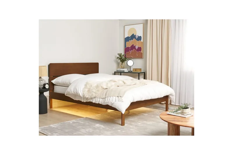 Säng med LED-belysning Boisset - Brun/Gummiträ, 140x200 cm - Möbler - Säng - Sängram & sängstomme