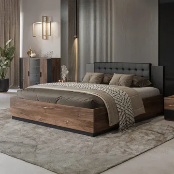 Säng Sigma med ram på gaslyft och förvaringslåda - 140 cm, Mörk Flagstaff Ek med Kopparfärgad Ornament - Möbler - Säng - Sängram & sängstomme