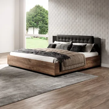 Säng Sigma med ram på gaslyft och förvaringslåda - 140 cm, Mörk Flagstaff Ek med Kopparfärgad Ornament - Möbler - Säng - Sängram & sängstomme