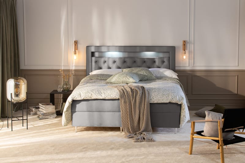 Alessia Komplett Sängpaket med Förvaring LED-belysning 160x200 cm - Ljusgrå - Möbler - Säng - Sängar med f örvaring