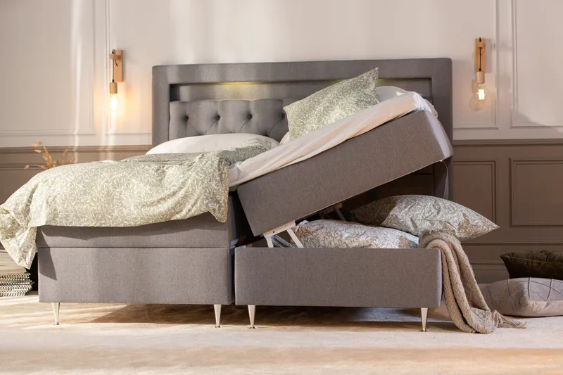 Alessia Komplett Sängpaket med Förvaring LED-belysning 180x200 cm - Grå - Möbler - Säng - Sängar med förvaring