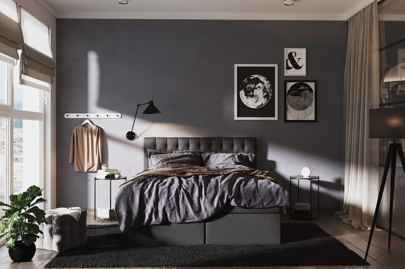 Boxy Säng med Förvaring 160x200 cm i Tyg med Bäddmadrass med Fasthetsgrad Fast - Svart - Möbler - Säng - Sängar med förvaring