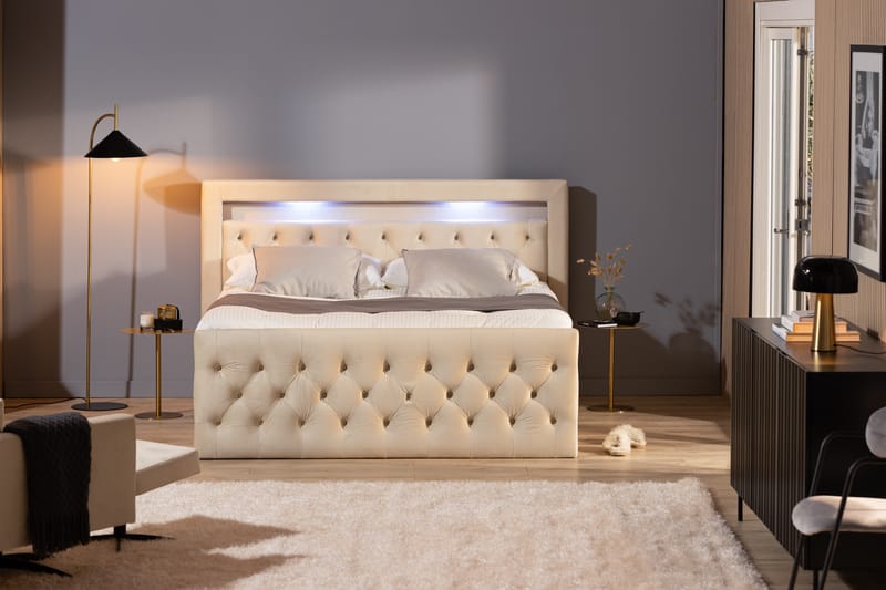 Francisco Komplett Sängpaket med Lyftförvaring LED-belysning 160x200 - Beige - Möbler - Säng - Sängar med förvaring