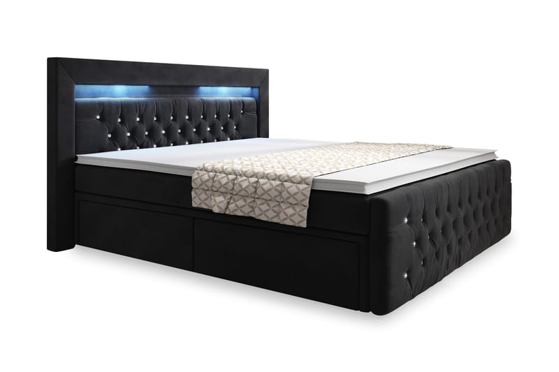 Franco Crystal Sängpaket 160x200 LED-belysning - Svart/Sammet - Komplett sängpaket - Sängar med förvaring - Dubbelsäng