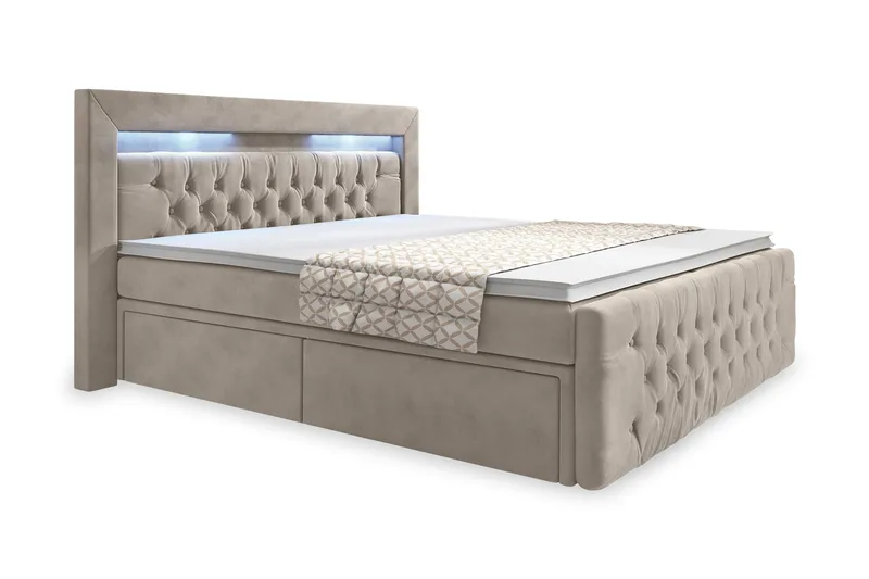 Franco Komplett Sängpaket med förvaring LED-belysning 180x200 cm - Beige / Sammet - Möbler - Säng - Sängar med förvaring