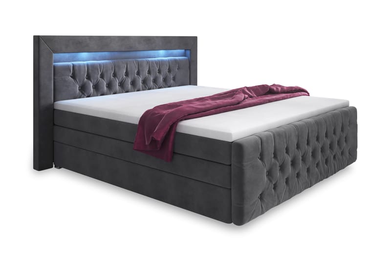 Franco Lyx Komplett Sängpaket med Förvaring 180x200 LED-belysning, Grå / Sammet