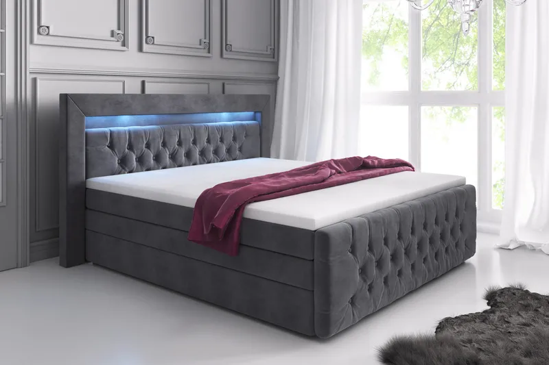 Franco Lyx Komplett Sängpaket med Förvaring 180x200 LED-belysning - Grå / Sammet - Möbler - Säng - Komplett sängpaket