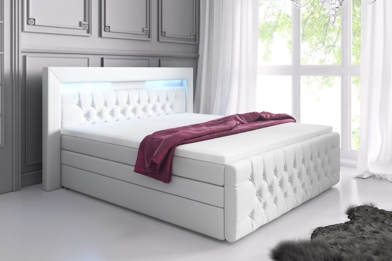 Franco Lyx Sängpaket 160x200LED-belysning - Vit/Konstläder - Komplett sängpaket - Sängar med f�örvaring - Dubbelsäng