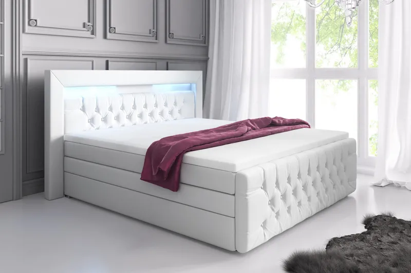 Franco Lyx Sängpaket 180x200LED-belysning, Vit/Konstläder