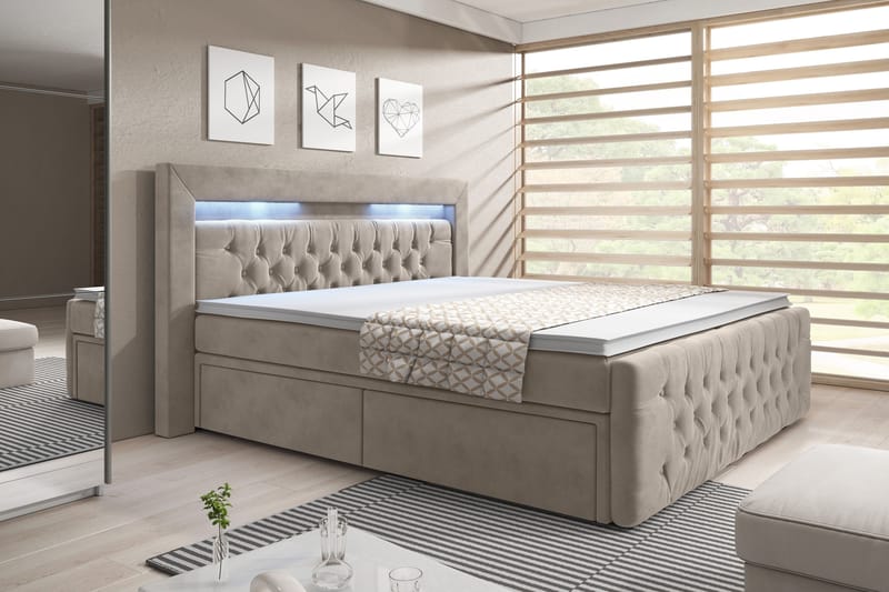 Franco Sängpaket med förvaring LED-belysning 160x200 cm - 160x200 Beige (+Fler val) - Komplett sängpaket - Sängar med förvaring - Dubbelsäng