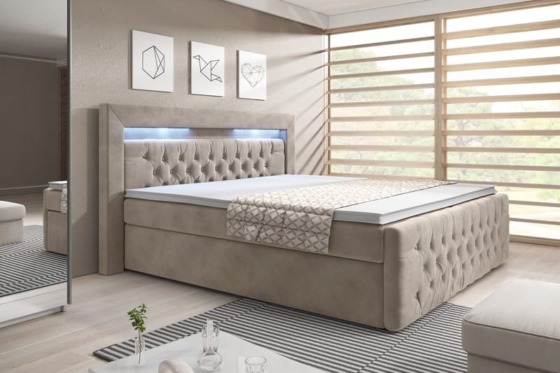 Franco Sängpaket med förvaring LED-belysning 160x200 cm - 160x200 Beige (+Fler val) - Komplett sängpaket - Sängar med förvaring - Dubbelsäng