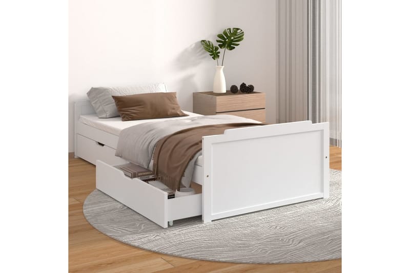 Sängram med lådor vit massiv furu 90x200 cm - Vit - Sängram & sängstomme