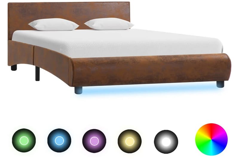 Sängram med LED brun tyg 140x200 cm - Brun - Sängram & sängstomme