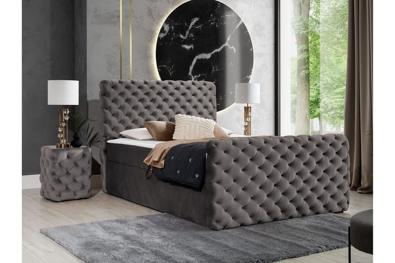 Almancil Sängram med Förvaring 140x200 cm i Sammet med Sänggavel - Mörkgrå - Möbler - Säng - Sängram & sängstomme