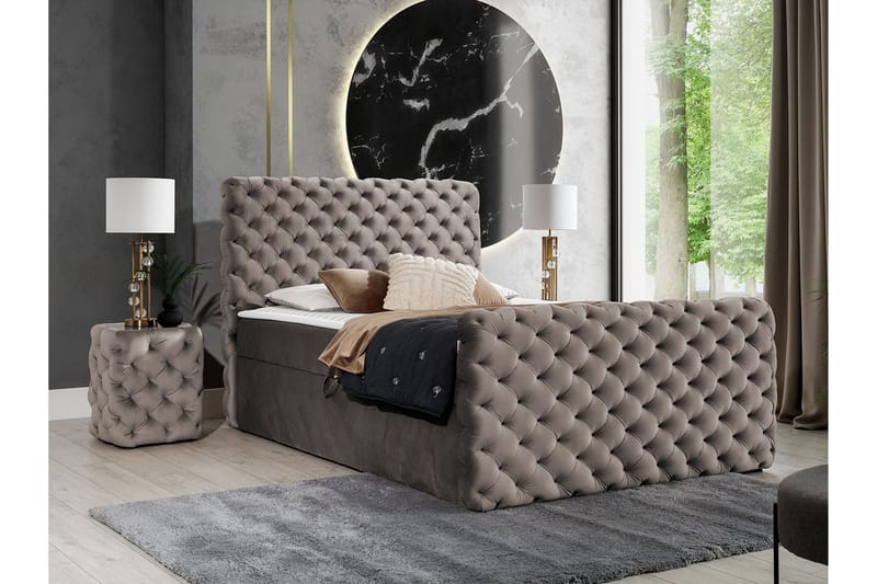 Almancil Sängram med Förvaring 180x200 cm i Sammet med Sänggavel - Taupe - Möbler - Säng - Sängram & sängstomme