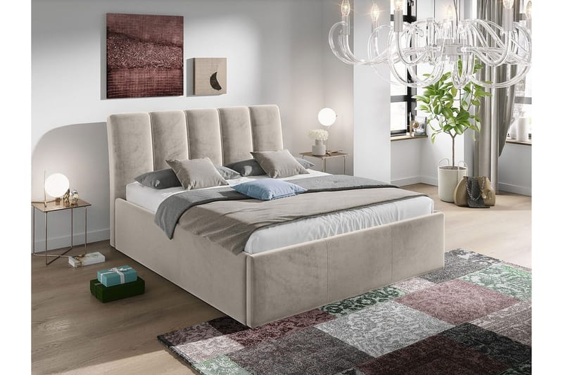 Aviemore Sängram 140x200 cm i Sammet med Sänggavel och Förvaring - Beige - Möbler - Säng - Sängram & sängstomme