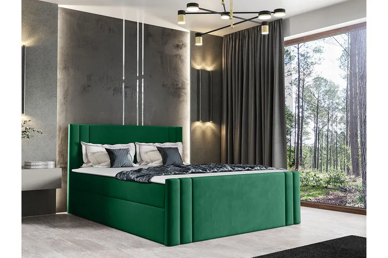 Betvallen Komplett Sängpaket 160x200 cm i Sammet med Förvaring + Sänggavel + Bäddmadrass - Grön - Möbler - Säng - Sängram & sängstomme