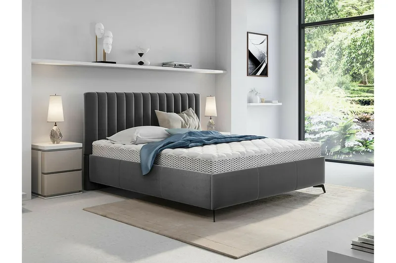 Derry Komplett Sängpaket 160x200 cm med Förvaring och Sänggavel + Bäddmadrass - Grå - Möbler - Säng - Sängram & sängstomme
