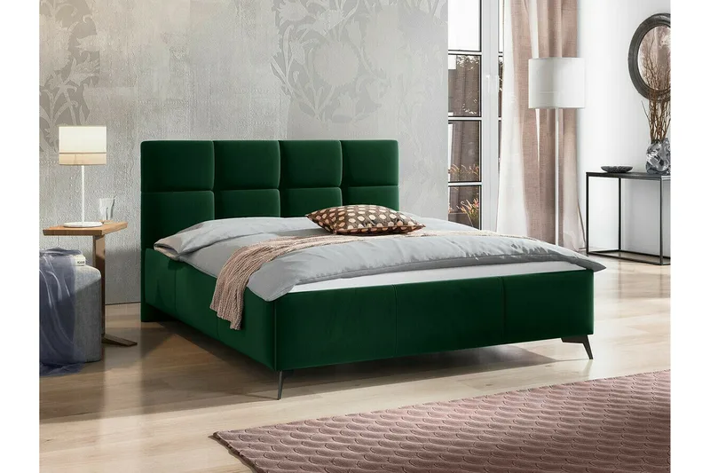 Derry Komplett Sängpaket 180x200 cm i Sammet med Förvaring och Sänggavel + Bäddmadrass - Grön - Möbler - Säng - Sängram & sängstomme