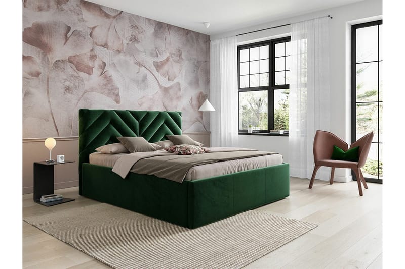 Derry Sängram med Förvaring 160x200 cm i Sammet med Sänggavel - Grön - Möbler - Säng - Sängram & sängstomme