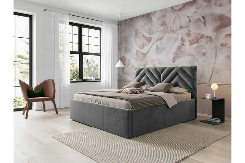 Derry Sängram med Förvaring 160x200 cm i Tyg med Sänggavel - Grå - Möbler - Säng - Sängram & sängstomme
