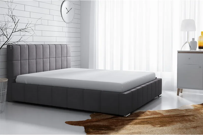 Elverum Komplett Sängpaket 180x200 cm i Tyg med Förvaring och Sänggavel + Bäddmadrass - Grå - Möbler - Säng - Sängram & sängstomme