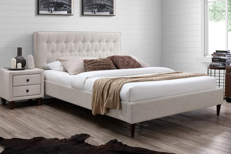 Emilia Komplett Sängpaket – Sängram 160x200 i Tyg med Sänggavel + Bäddmadrass med Fasthetsgrad, Cappuccino