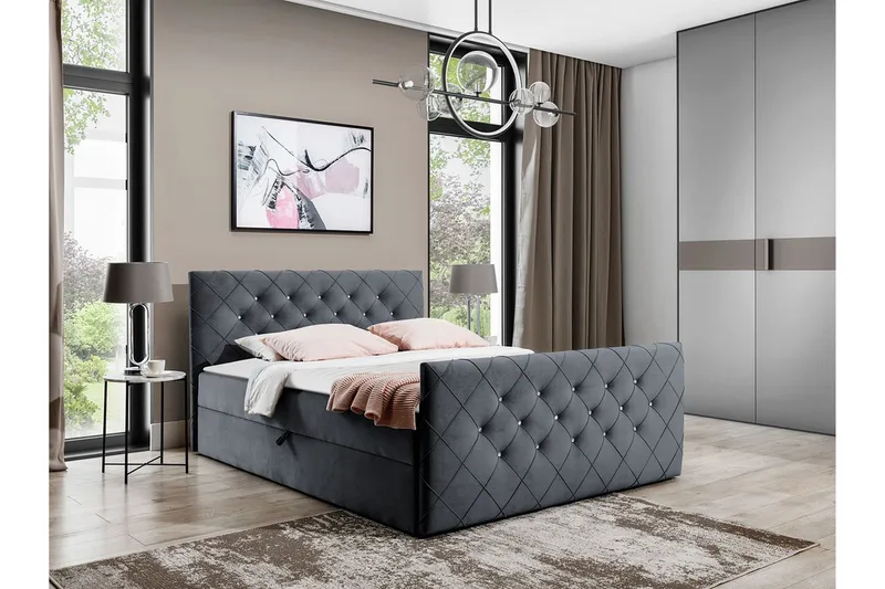 Hattie Komplett Sängpaket 200x200 cm med Sänggavel + Bäddmadrass med Fasthetsgrad Medium - Grå - Möbler - Säng - Sängram & sängstomme