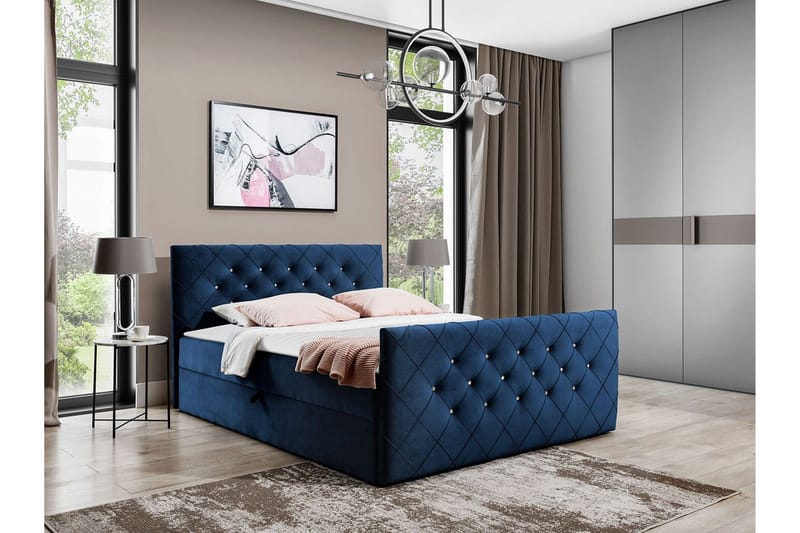 Hattie Komplett Sängpaket med Förvaring 200x200 cm med Sänggavel + Bäddmadrass - Blå - Möbler - Säng - Sängram & sängstomme