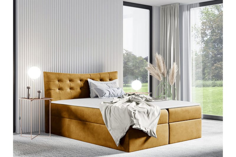 Hayton Komplett Sängpaket 140x200 cm i Sammet med Förvaring + Sänggavel + Bäddmadrass - Gul - Möbler - Säng - Sängram & sängstomme