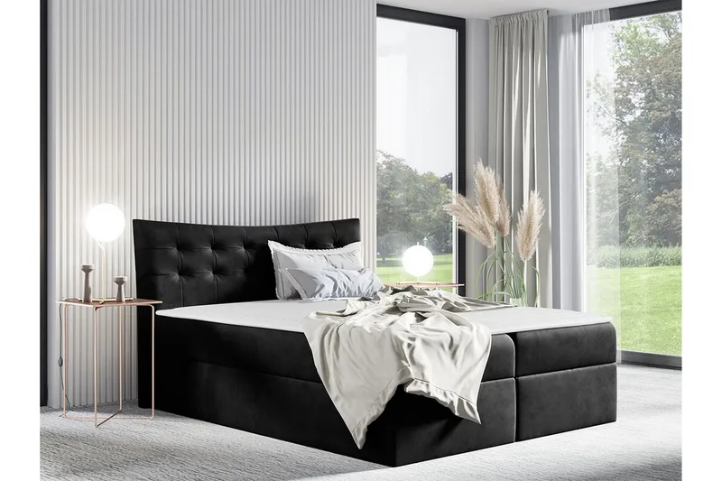 Hayton Komplett Sängpaket 140x200 cm i Sammet med Förvaring + Sänggavel + Bäddmadrass - Svart - Möbler - Säng - Sängram & sängstomme