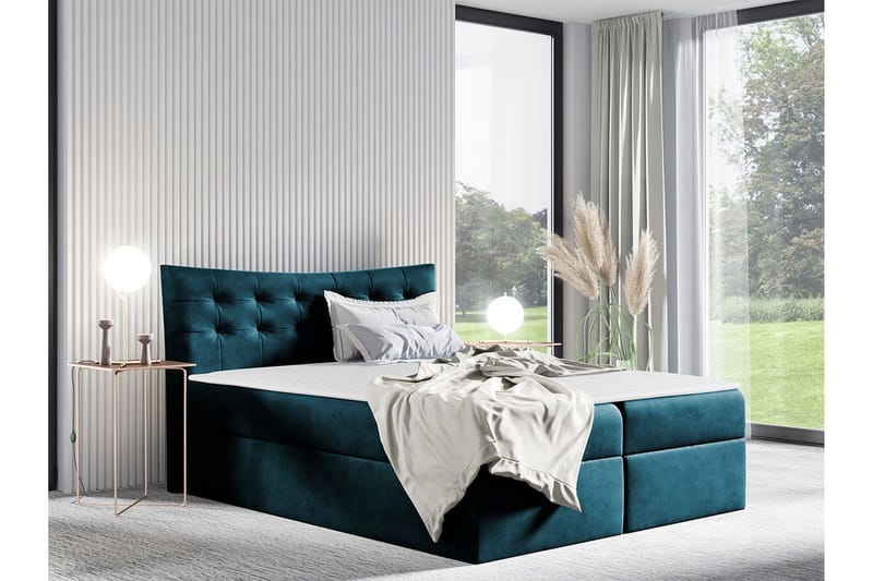 Hayton Komplett Sängpaket 140x200 cm i Sammet med Förvaring + Sänggavel + Bäddmadrass - Petrol - Möbler - Säng - Sängram & sängstomme